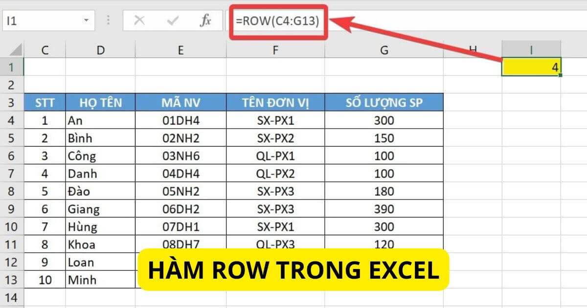 ứng dụng thực tế của hàm row trong excel